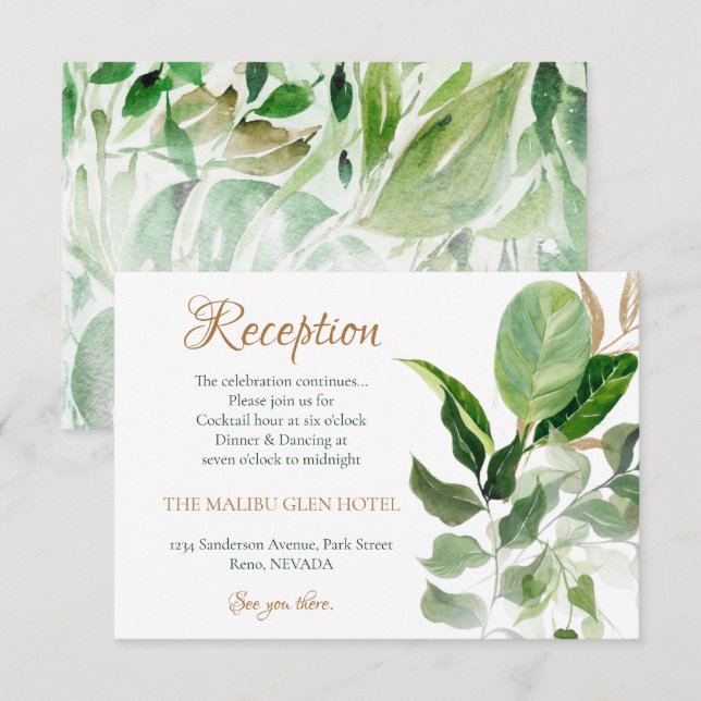 Tropical Gold & Green Monstera Leaves Reception Enclosure Card (Front/Back)