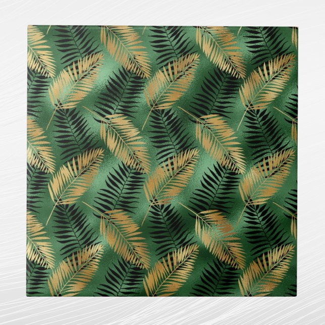 Tropical Gold Green Palm Leaves Ceramic Tile (Creator Uploaded)