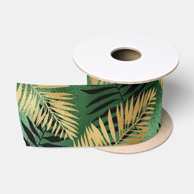 Tropical Gold Green Palm Leaves Satin Ribbon (Spool)