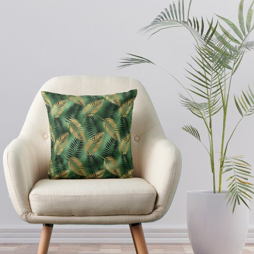 Tropical Gold Green Palm Leaves Throw Pillow