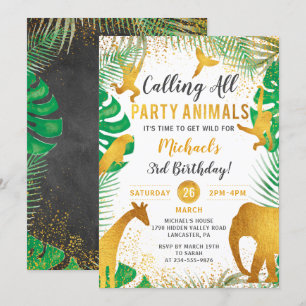 Tropical Gold Jungle Animals Kids Birthday Invitation
