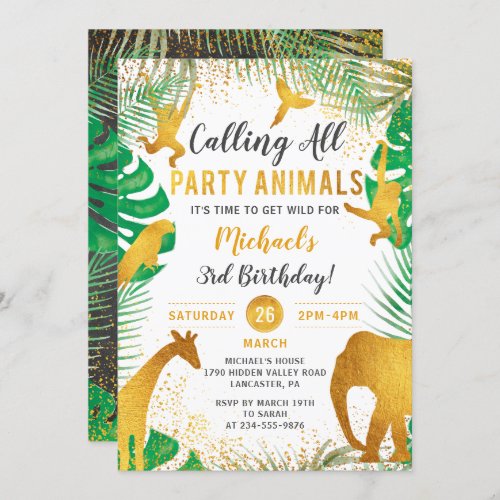 Tropical Gold Jungle Animals Kids Birthday Invitation