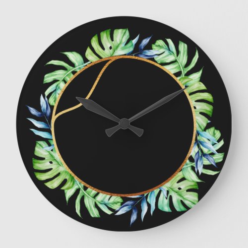 Tropical Gold Leaf Mint Black Wreath Watercolor Large Clock