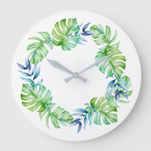 Tropical Gold Leaf Mint Navy White Wreath Large Clock