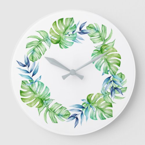 Tropical Gold Leaf Mint Navy White Wreath Large Clock