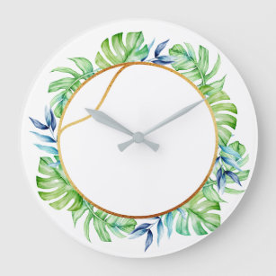 Tropical Gold Leaf Mint White Wreath Watercolor Large Clock