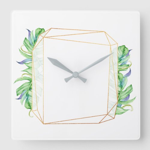 Tropical Gold Leaf Poligonal Mint White Blue Square Wall Clock