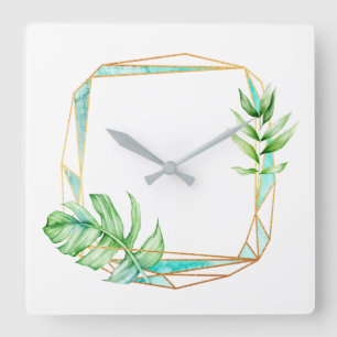 Tropical Gold Leaf Poligonal Mint white Gray Square Wall Clock
