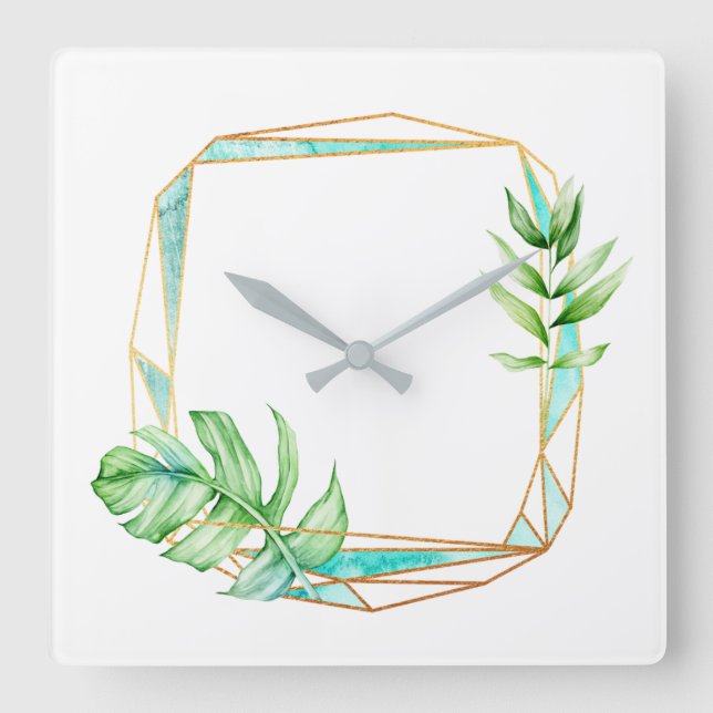 Tropical Gold Leaf Poligonal Mint white Gray Square Wall Clock (Front)