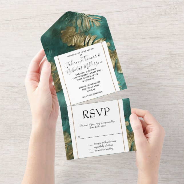 Tropical Gold Leaves Emerald Green   All In One Invitation (Tearaway)