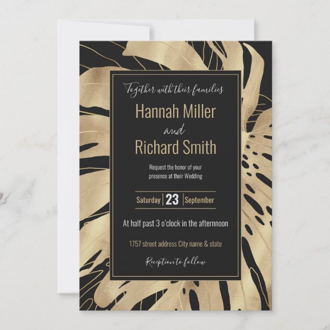Tropical Gold Monstera Leaf Black Design (Front)