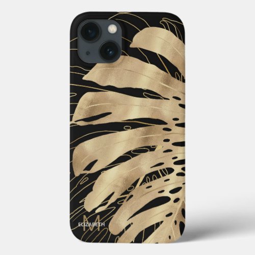 Tropical Gold Monstera Leaf Black Design iPhone 13 Case
