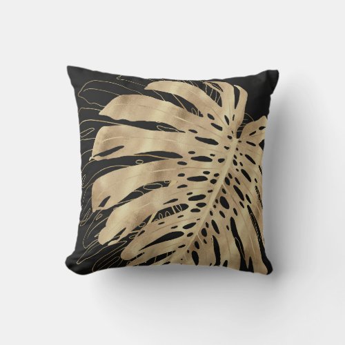Tropical Gold Monstera Leaf Black Design Throw Pillow