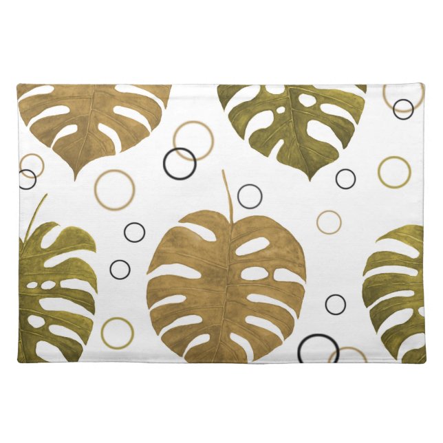 Tropical Gold: Monstera Leaf Watercolor Cloth Placemat (Front)