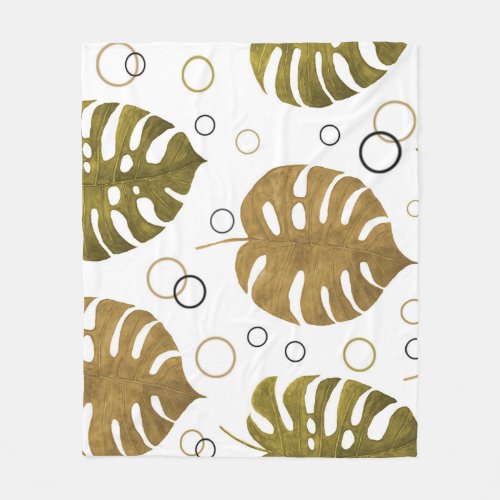 Tropical Gold Monstera Leaf Watercolor Fleece Blanket