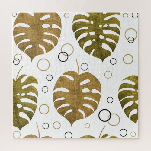 Tropical Gold Monstera Leaf Watercolor Jigsaw Puzzle