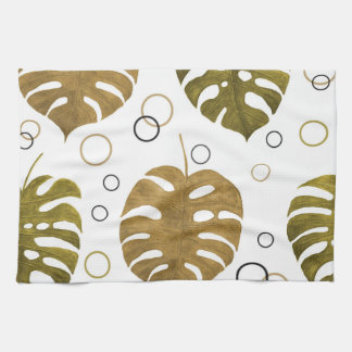 Tropical Gold: Monstera Leaf Watercolor Kitchen Towel