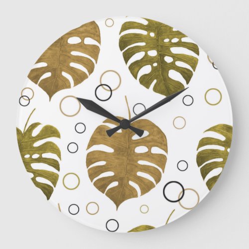 Tropical Gold Monstera Leaf Watercolor Large Clock