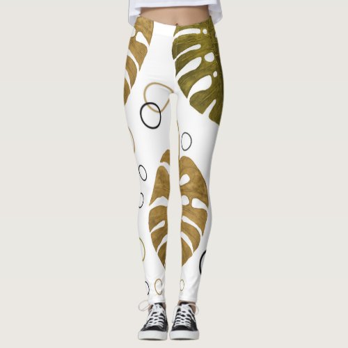 Tropical Gold Monstera Leaf Watercolor Leggings