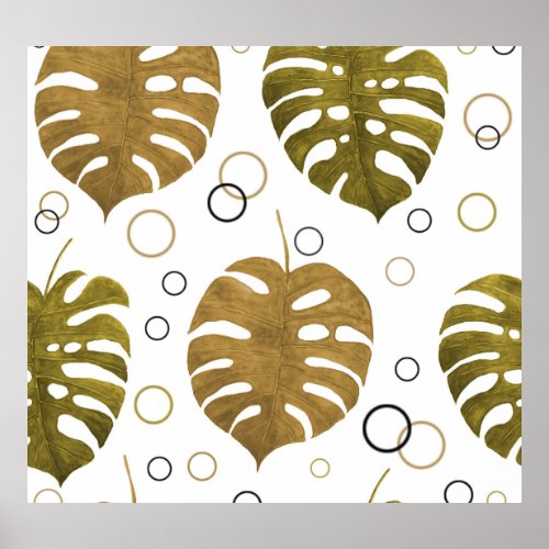 Tropical Gold Monstera Leaf Watercolor Poster