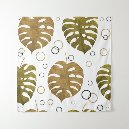 Tropical Gold Monstera Leaf Watercolor Tapestry
