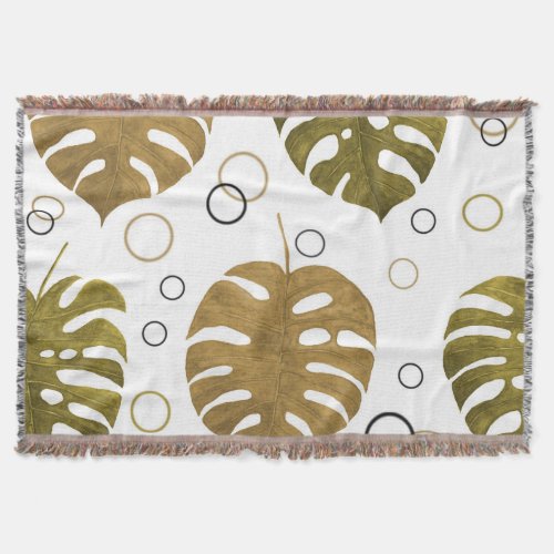 Tropical Gold Monstera Leaf Watercolor Throw Blanket
