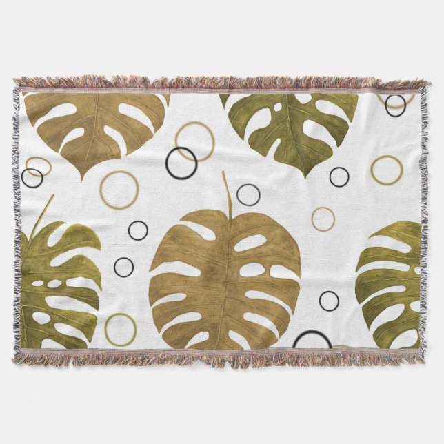 Tropical Gold: Monstera Leaf Watercolor Throw Blanket (Front)
