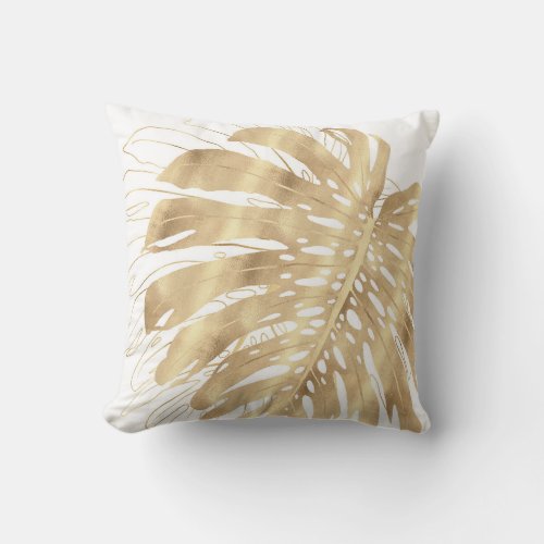Tropical Gold Monstera Leaf White Design Throw Pillow