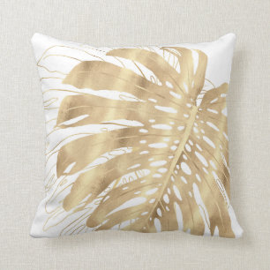 Tropical Gold Monstera Leaf White Design Throw Pillow