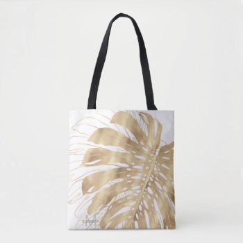 Tropical Gold Monstera Leaf White Design Tote Bag by Trendy_arT at Zazzle