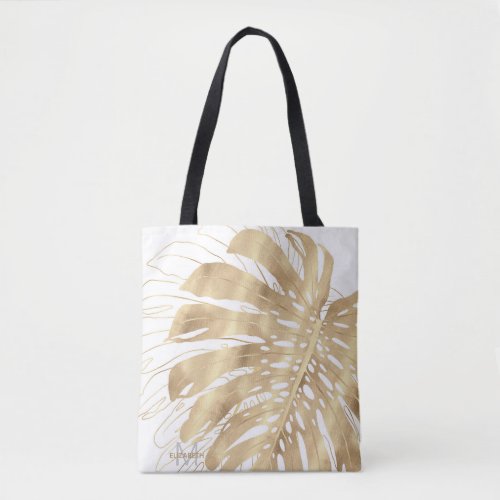 Tropical Gold Monstera Leaf White Design Tote Bag