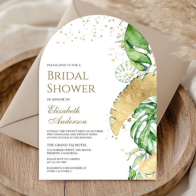Tropical Gold Monstera Palm Arch Bridal Shower Invitation (Creator Uploaded)