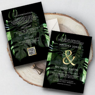 Tropical Gold Monstera Palm Black QR Code Wedding  Invitation