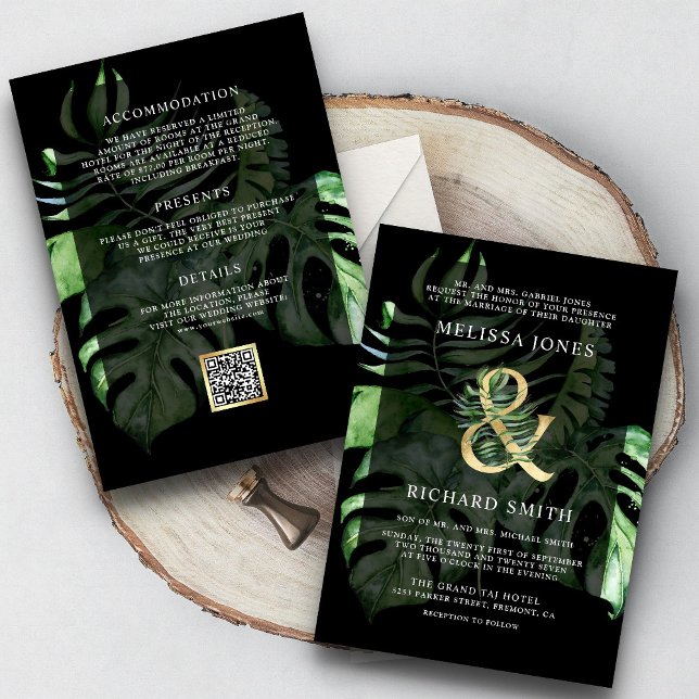 Tropical Gold Monstera Palm Black QR Code Wedding  Invitation (Creator Uploaded)