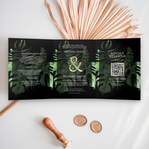 Tropical Gold Monstera Palm Black QR Code Wedding Tri_Fold Invitation