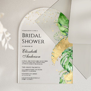 Tropical Gold Monstera Palm Bridal Shower Acrylic Invitations