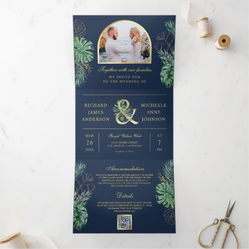 Tropical Gold Monstera Palm Navy QR Code Wedding Tri_Fold Invitation
