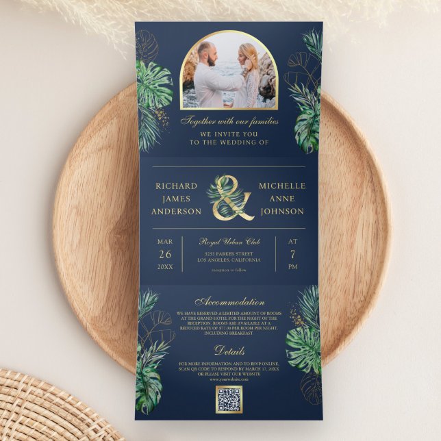 Tropical Gold Monstera Palm Navy QR Code Wedding Tri-Fold Invitation (Creator Uploaded)
