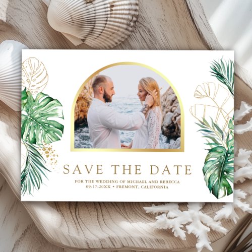 Tropical Gold Monstera Palm Photo Wedding Save The Date