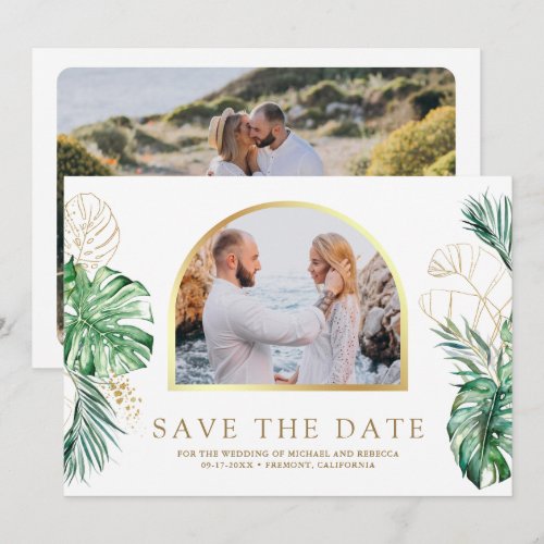 Tropical Gold Monstera Palm Photo Wedding Save The Date