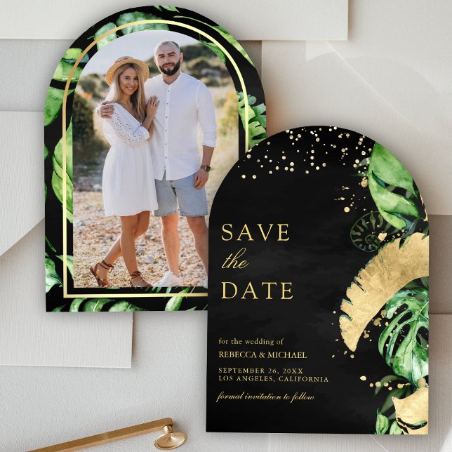 Tropical Gold Palm Arch Black Gold Wedding Photo Save The Date (Creator Uploaded)