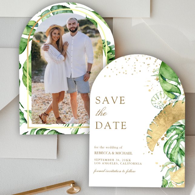 Tropical Gold Palm Arch Gold Wedding Photo Save The Date (Creator Uploaded)