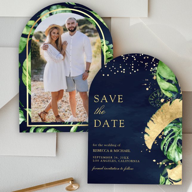 Tropical Gold Palm Arch Navy Blue Wedding Photo Save The Date (Creator Uploaded)