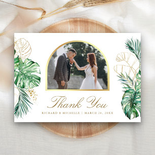 Tropical Gold Palm Arch Photo Wedding Thank You Card