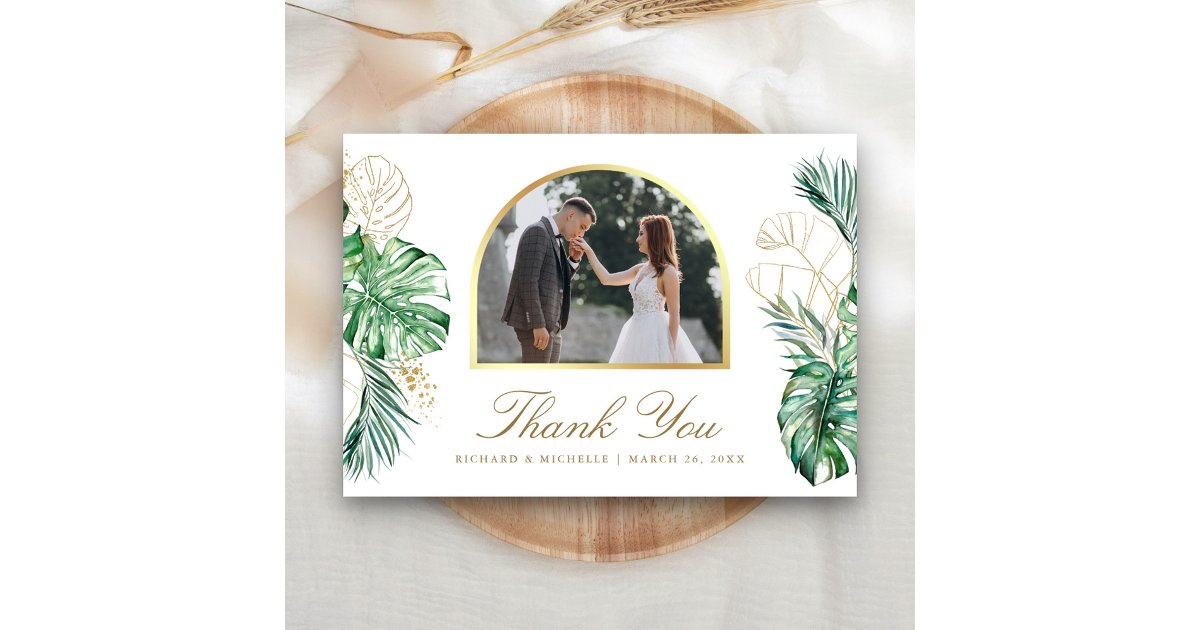 Tropical Gold Palm Arch Photo Wedding Thank You Card | Zazzle