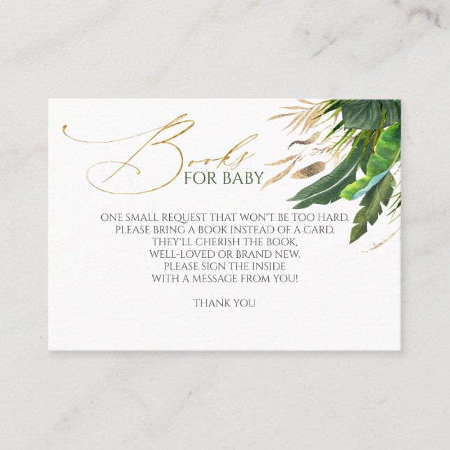 Tropical Gold Palm Leaves Baby Books Request Business Card (Front)