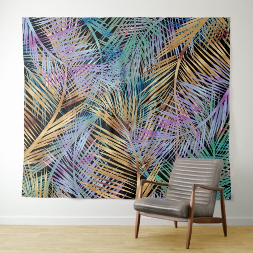 Tropical Gold Palm Leaves Colorful Black Design Tapestry