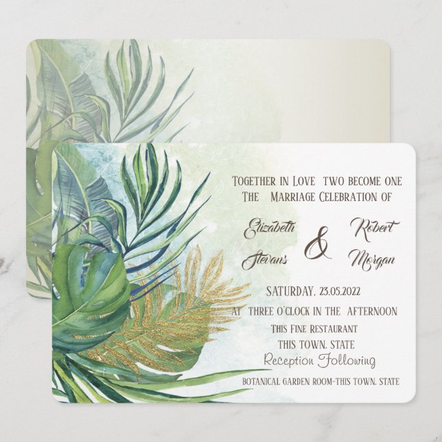 Tropical Gold Palm Leaves Summer Wedding I Invitation (Front/Back)