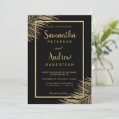 Tropical gold palm tree beach black chic wedding invitation (Standing Front)