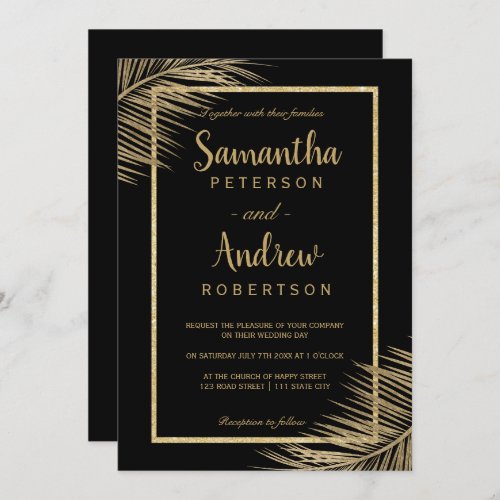 Tropical gold palm tree beach black chic wedding invitation